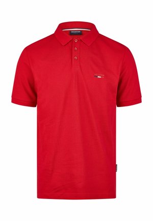 Rød polo-shirt lavet af bomuld, med krave, tre knapper og et lille logo. Korte ærmer og en lige skåret design.