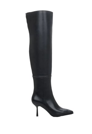 Thigh-high black leather boots with a pointed toe and slender stiletto heel. Smooth texture, seamless design, no visible hardware or patterns.