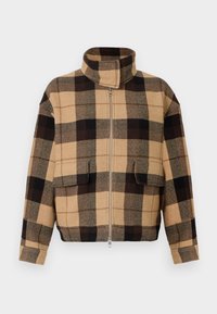 Braun-beige karierte Jacke mit hohem Kragen, Reißverschluss und zwei Fronttaschen. Hergestellt aus einem strukturierten gewebten Stoff.