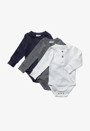 Drei langärmlige Bodysuits aus Baumwolle in Marineblau, Grau und Weiß. Jeder hat einen Knopfverschluss am Hals und einen Druckknopfverschluss am Boden.