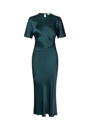 Robe satinée teal à manches courtes, avec un corsage ajusté, un détail noué sur un côté et une ouverture en forme de clé au dos. Elle descend jusqu'à une longueur midi.