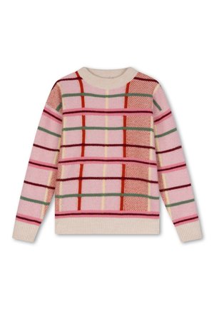 Gebreid trui met een roze basis en een meerkleurig ruitpatroon in rood, groen en geel. Ronde halslijn en ribgebreide zoom. Zachte textuur.