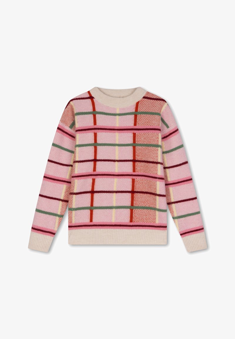 Gebreid trui met een roze basis en een meerkleurig ruitpatroon in rood, groen en geel. Ronde halslijn en ribgebreide zoom. Zachte textuur.