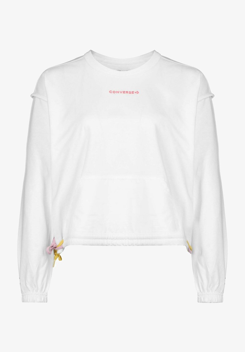 Weißes Sweatshirt mit langen Ärmeln, elastischen Bündchen und Kordelzügen in Pink und Gelb. Verfügt über ein kleines pinkes "CONVERSE"-Logo.