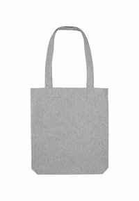 Borsa a tracolla grigia in tessuto con manici lunghi, forma rettangolare e superficie texturizzata. Nessun motivo visibile o dettagli in metallo.