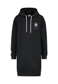 Schwarzes Kapuzenkleid aus weichem Stoff, mit einem vorderen Grafikdesign in Blumenoptik, weißen Kordeln und gerippten Bündchen.