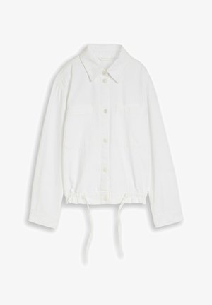 Weiße langärmelige Hemdjacke mit Kragen, zwei Brusttaschen und verstellbarem Kordelzug am Saum, auf einfarbigem Hintergrund dargestellt.