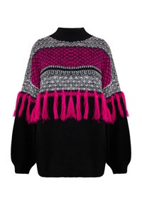 Maglione oversized nero con una parte superiore a motivo lavorato a maglia in grigio, bianco e rosa, caratterizzato da lunghe frange rosa sul fondo.