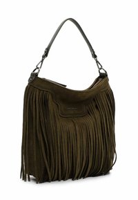 Fringe handbag in olive green suede with a leather strap. Features a textured finish and a zippered top, showcasing layered fringe details.