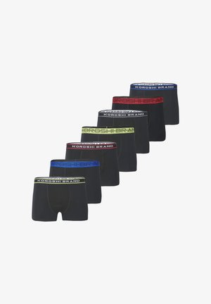 Black boxer shorts set featuring colored elastic waistbands in blue, red, green, and yellow, with "KOROSHI BRAND" logo.