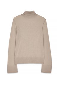 Beige Rollkragenpullover mit langen Ärmeln, gerippten Bündchen und Saum. Hergestellt aus einem weichen, strukturierten Strickmaterial. Klassisches, minimalistisches Design.