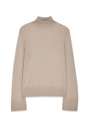 Beige polotröja med långa ärmar, ribbade muddar och nederkant. Tillverkad av ett mjukt, texturerat stickat material. Klassisk, minimalistisk design.