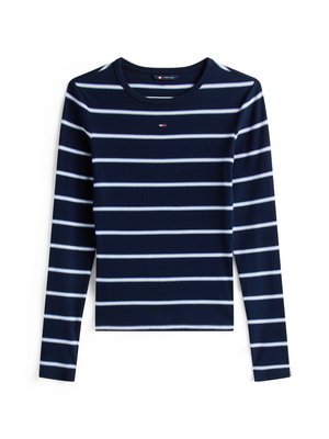 Langermet marineblå ribbestrikket topp med horisontale hvite striper, rund hals, tettsittende design og liten logo aksent på brystet.