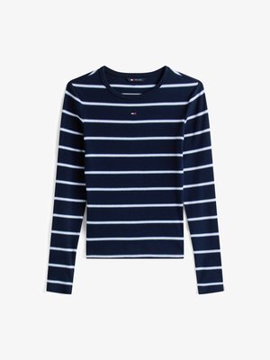 Pikkade varrukatega tumesinine ribakujuline topp, millel on horisontaalsed valged triibud, ümar kaelus, istuv disain ja väike logo aktsent rinnal.