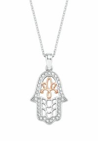 Silberne Halskette mit einem Hamsa-Hand-Anhänger, der roségoldene Akzente und klare Edelsteine aufweist, die das Design umrahmen. Die Kette ist dekorativ und verlinkt.