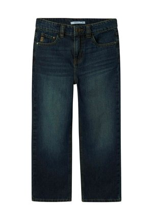 Dunkelblaue Jeans aus Denim mit geradem Bein. Zu den Merkmalen gehören ein Knopfverschluss, Fronttaschen und dezente Ausbleichungen des Stoffes.