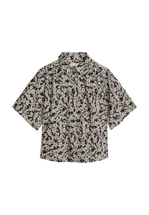 Schwarzes kurzärmeliges Hemd mit Knopfleiste, weißem Blumen- und Blattmuster, klassischem Kragen und lockerer Passform.