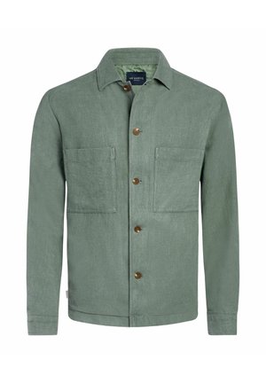 Light green button-up jacket with two chest pockets, made of textured fabric. Features a collar and brown buttons for fastening.