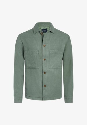 Hellgrüne Jacke mit Knopfverschluss, ausgestattet mit zwei Brusttaschen, aus strukturiertem Stoff. Verfügt über einen Kragen und braune Knöpfe zum Schließen.