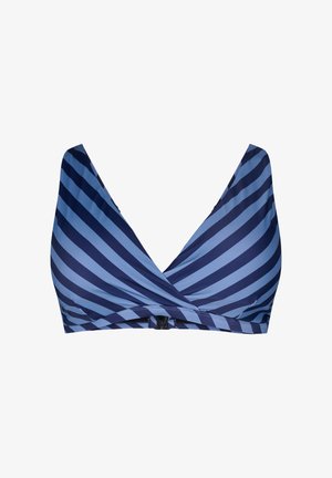 Námornícky a svetlomodrý pruhovaný bikiny top s v-výstrihom, nastaviteľnými ramienkami a klasickým uzáverom na chrbte. Hladká štruktúra.