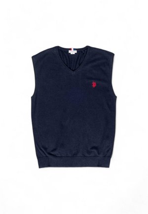Gilet senza maniche blu navy, design a V, dettagli a costine sui bordi, con un piccolo logo ricamato rosso sul lato sinistro del petto.