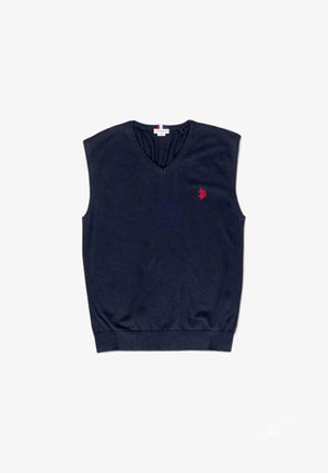 Gilet senza maniche blu navy, design a V, dettagli a costine sui bordi, con un piccolo logo ricamato rosso sul lato sinistro del petto.