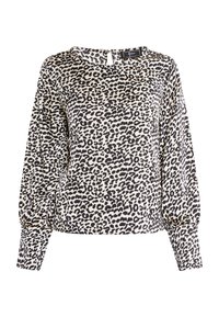 Langærmet bluse i leopardmønster med rund halsudskæring, elastiske manchetter og nøglehul-lukning bagpå, fremstillet i beige og sort silkelignende stof.