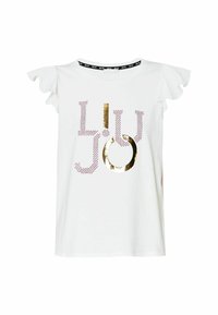 T-shirt bianca in cotone con maniche corte a balza, caratterizzata da una scritta in lettere metalliche oro e rosa "LIU JO" sul davanti.