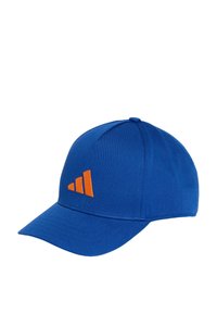 Blue cotton cap with a curved bill, featuring an orange three-stripe logo on the front. Smooth texture, standard baseball cap design.