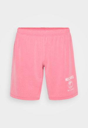 Rozā svītraini šorti ar elastīgu jostu. Satur baltu zīmolu uz kreisā apakšējā stūra. Viegls audums ar gludu tekstūru.