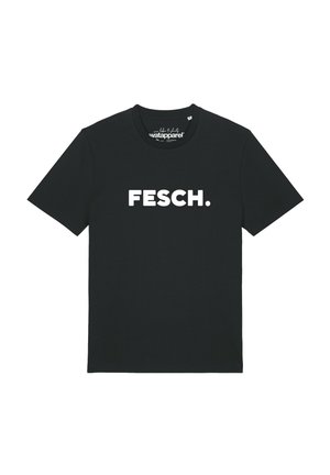 T-shirt noir à manches courtes avec le mot "FESCH." imprimé en lettres blanches en gras sur la poitrine, col rond.