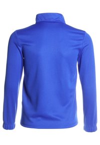 Blauer, langärmeliger Pullover mit hohem Kragen. Aus glattem, dehnbarem Material gefertigt. Verfügt über elastische Bündchen und ein einfaches, nahtloses Rückendesign.