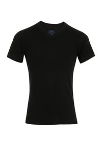 T-shirt noir à manches courtes en V, fabriqué en coton, avec un design simple, une texture lisse et une étiquette au niveau du col.