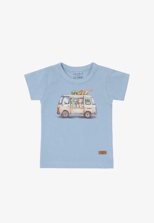 Light blue toddler T-shirt with a van graphic featuring a crocodile and monkey selling fruits and vegetables.