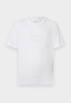 White cotton t-shirt featuring short sleeves, a round neck, and subtle "ORIGINALS" embroidery in a light color across the chest.