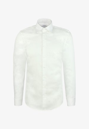 Wit herenshirt met lange mouwen, een puntige kraag en knoopsluiting aan de voorkant.