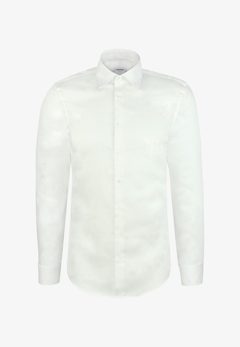 Chemise habillée blanche à manches longues pour hommes, avec un col pointu et une fermeture boutonnée sur le devant.