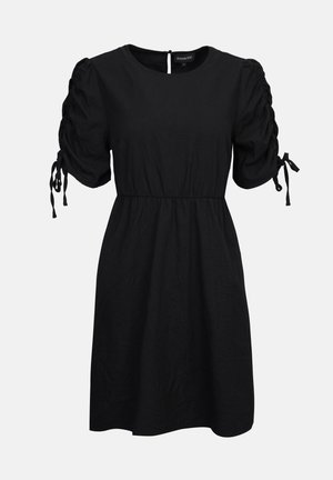 Robe noire en tissu léger, dotée de manches courtes bouffantes avec des liens, d'un col rond, et d'une taille cintrée.