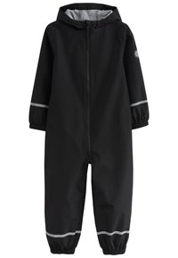 Black waterproof overall with a zip front, hood, elastic cuffs, and reflective silver stripes on sleeves and legs. Smooth texture, lightweight design.