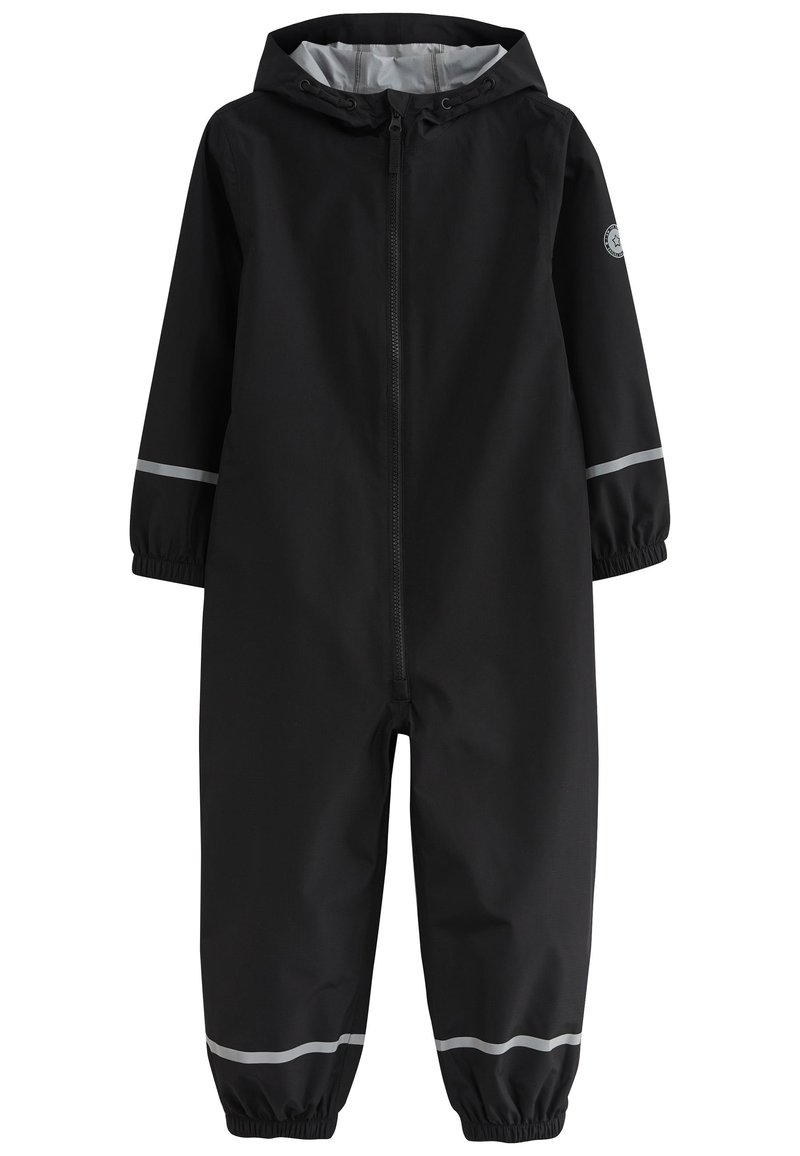 Black waterproof overall with a zip front, hood, elastic cuffs, and reflective silver stripes on sleeves and legs. Smooth texture, lightweight design.