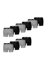 Boxershorts in Schwarz- und Grautönen mit einem schwarzen elastischen Bund, auf dem "PUMA" steht. Acht Stück, angeordnet in zwei Reihen.