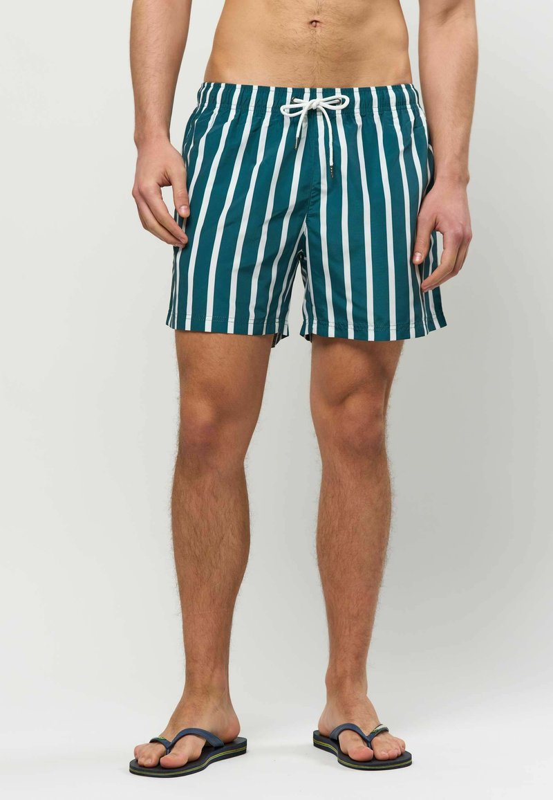 Homme portant un short de bain à rayures verticales bleu sarcelle et blanches avec un cordon de serrage et des tongs noires, debout devant un fond uni.