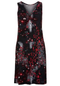 Robe noire sans manches avec un détail de nœud à l'avant, ornée d'un motif tourbillonnant de formes rouges, blanches et grises.