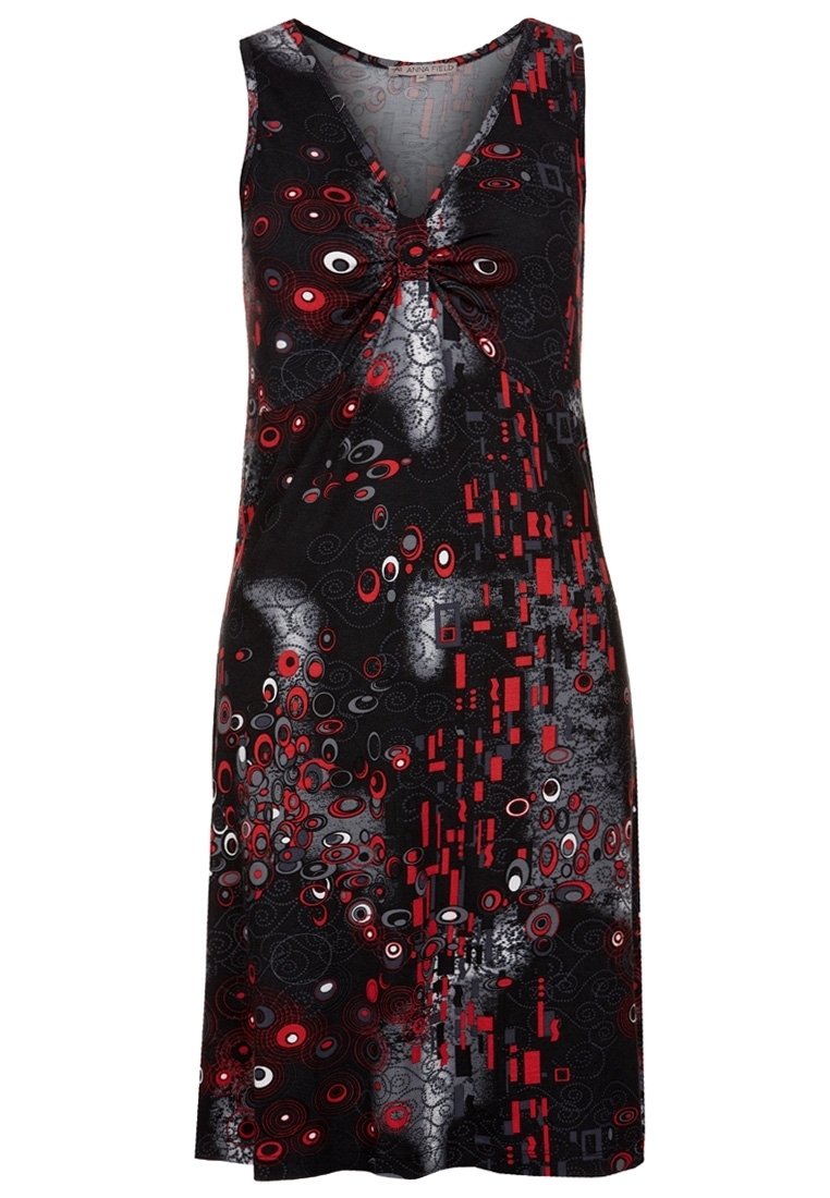 Robe noire sans manches avec un détail de nœud à l'avant, ornée d'un motif tourbillonnant de formes rouges, blanches et grises.