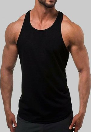 Débardeur noir, design sans manches, en tissu lisse, style ajusté mettant en valeur les épaules. Minimaliste sans motifs ou détails visibles.