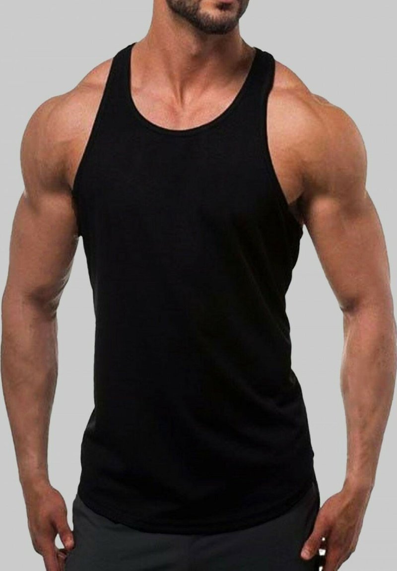 Débardeur noir, design sans manches, en tissu lisse, style ajusté mettant en valeur les épaules. Minimaliste sans motifs ou détails visibles.