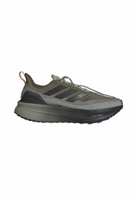 Men's running shoe, primarily in olive green and black. Features a textured upper, three-striped design, and a thick, cushioned sole.