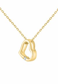 Złoty naszyjnik z zawieszką w kształcie splecionych pętli z jednym małym diamentowym akcentem. Łańcuszek ma owalne ogniwa.