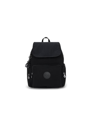 Black fabric backpack with a flap closure, front pocket, logo patch, adjustable straps, and side pockets with zipper accents.