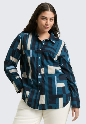 Hemdbluse - teal geometric design